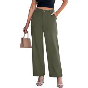 Women's Olive Green Polyester Casual High Waisted Elastic Wide Leg Dress Pant
